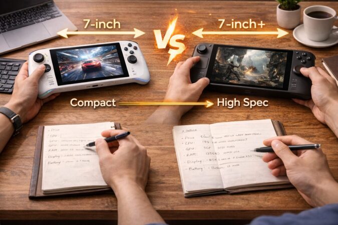 画面サイズや形状の違いから携帯ゲーミングPCを比較するイメージ