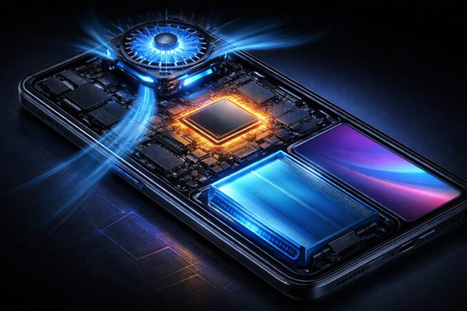 高性能SoCと冷却機構と大容量バッテリーを強調したゲーミングスマホのスペック解説イメージ