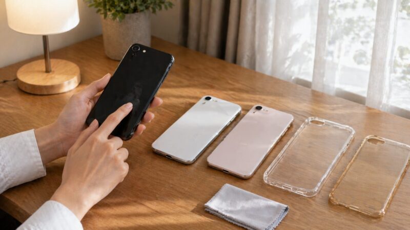 自宅の光でスマホ本体色や指紋の目立ち方を確認する様子