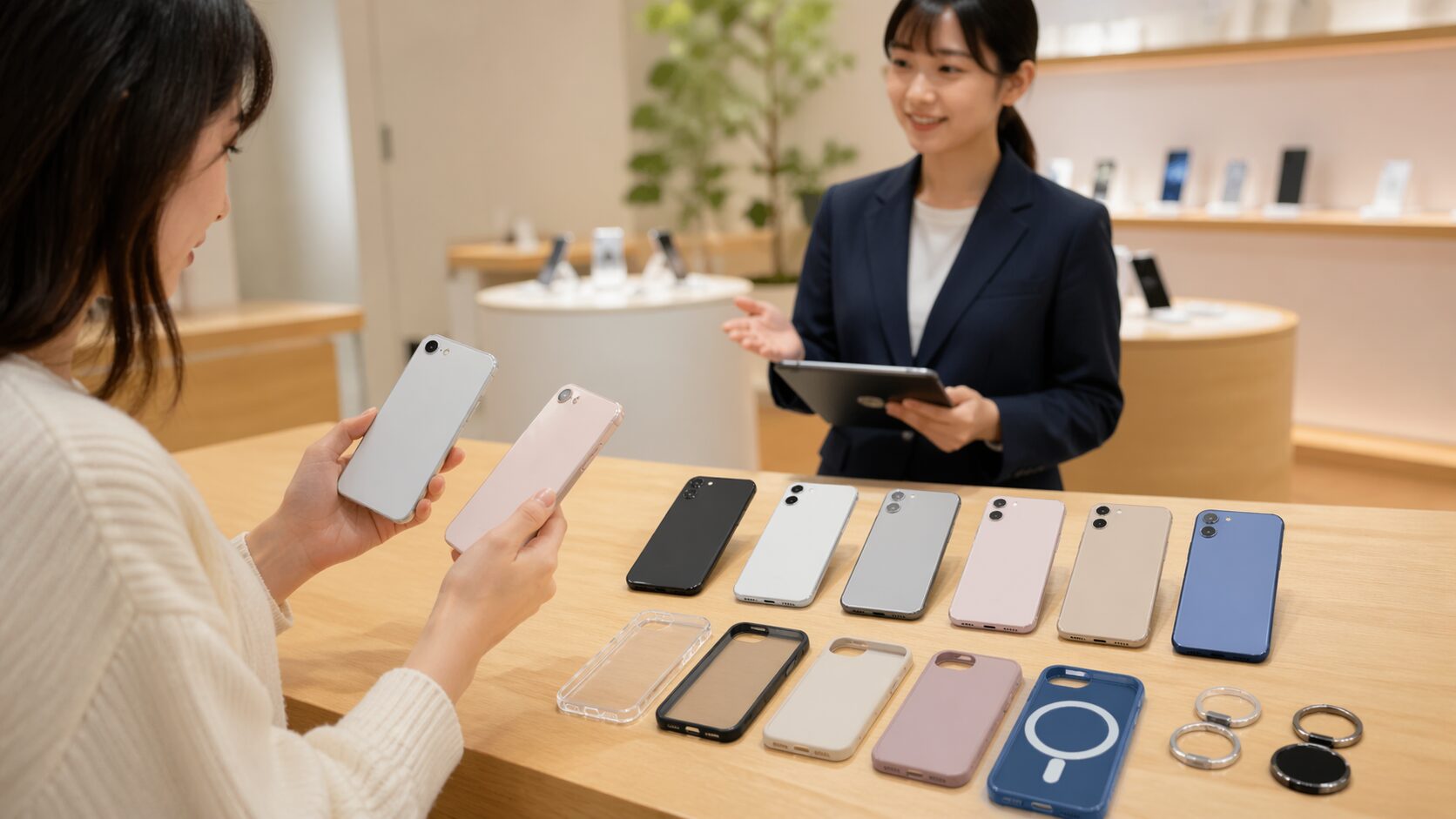 スマホ売り場で複数の本体色とケースを比較しながら色選びを検討する様子