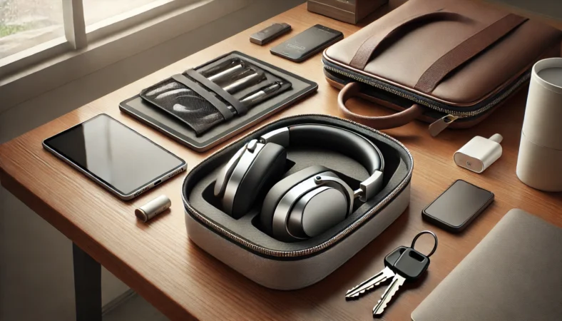 机の上でスマートケースと一緒に使うAirPods Max風ヘッドホンの実用イメージ