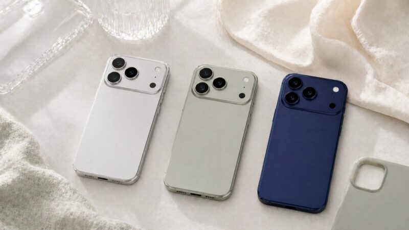 セージグリーン風スマホとシルバー、ディープブルーを比較する落ち着いた色選びイメージ