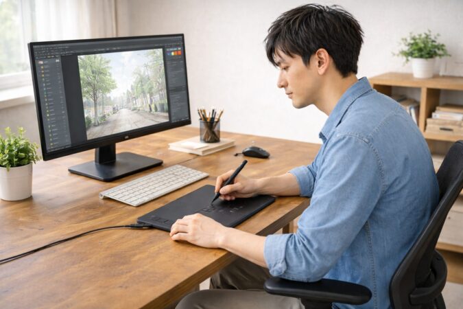 日本人ユーザーが板タブを使って快適に作業している様子