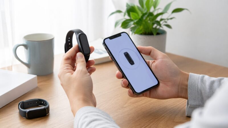 新しいFitbitデバイスをスマホアプリに追加し、機種変更の設定を進める手元のイメージ