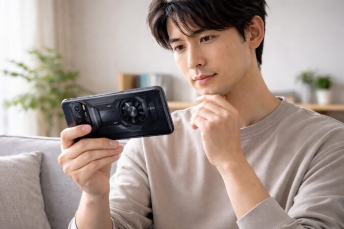 スマホの重さやサイズ感など購入前の注意点をイメージさせる文字なしレビュー画像