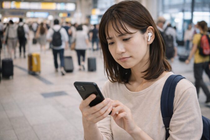 騒がしい場所で翻訳イヤホンの使いにくさを感じる日本人女性