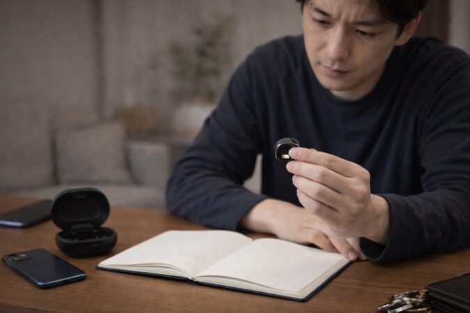 デメリットも考慮しながらスマートリングを選ぶ日本人男性の手元