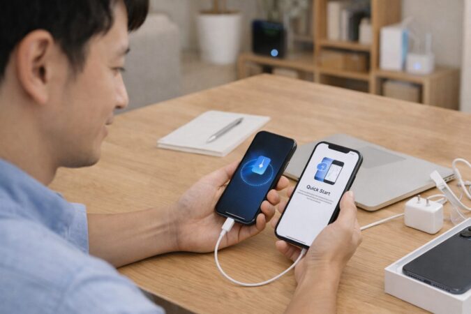 iPhone17へのデータ移行を自分で進める日本人ユーザーの実写風イメージ