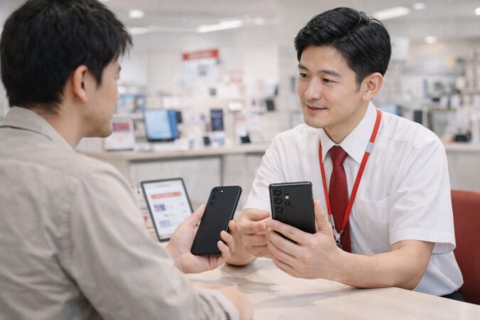 Galaxy S25のキャリア販売状況を店頭相談で確認するイメージ