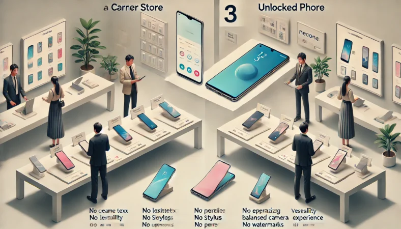 キャリア購入とSIMフリー購入の違いを比較するスマホ売り場の横長イメージ