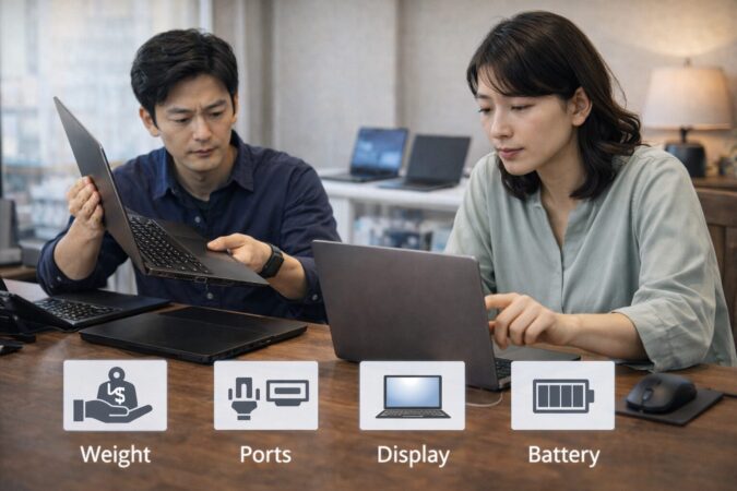 ノートパソコン選びで重さや端子やバッテリーを確認するイメージ