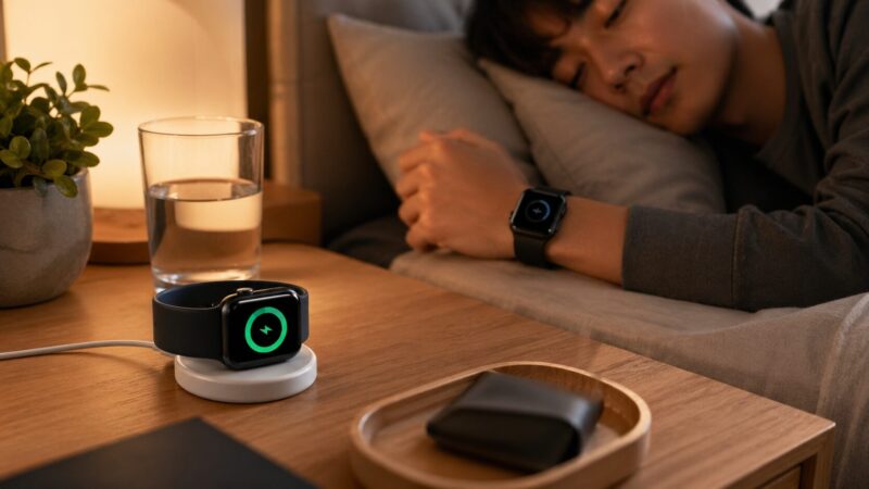 Apple Watch Series 10とSeries 11のバッテリー持ちと充電タイミングを表す寝室の画像