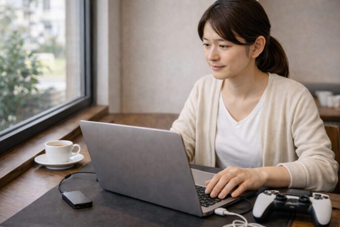 ノートPCとSSDの省電力性やモバイル利用をイメージした場面