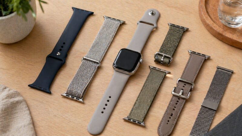 Apple Watchのバンド互換性と付け替えを表す複数バンドのフラットレイ画像