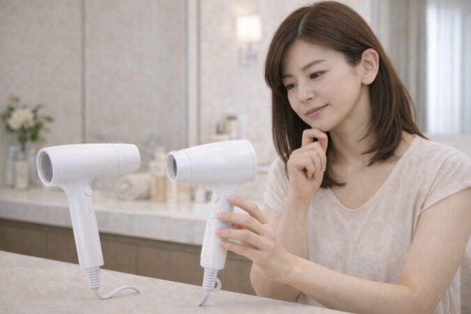 デザインの異なる2台のドライヤーを比較して選ぶ日本人女性