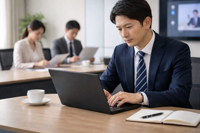 会議や資料作成でノートパソコンを使う日本人ビジネスパーソン