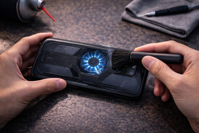 ゲーミングスマホの冷却ファン周辺をやさしく掃除するメンテナンスイメージ