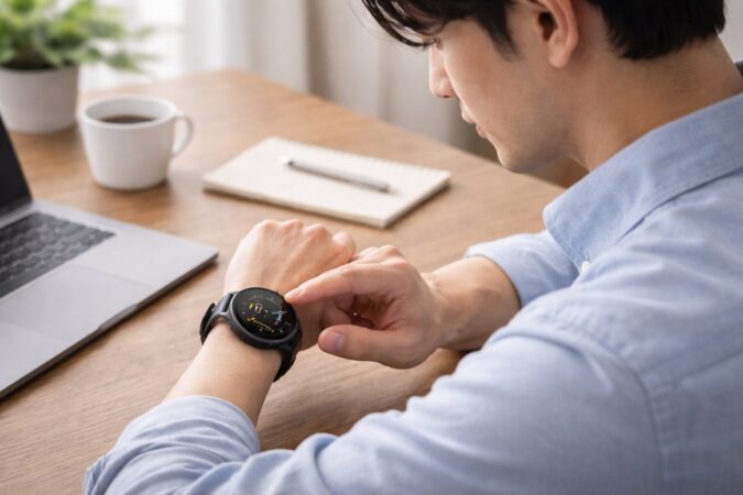 実際に腕へ装着して丸形スマートウォッチの使用感を確かめるレビューイメージ