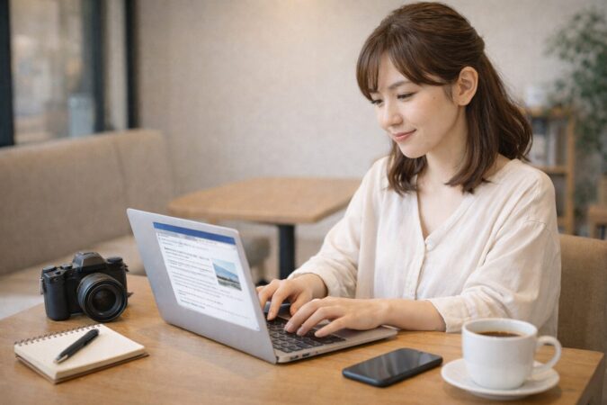 ブログ執筆に適したコンパクトなノートPCを使う日本人女性の作業風景