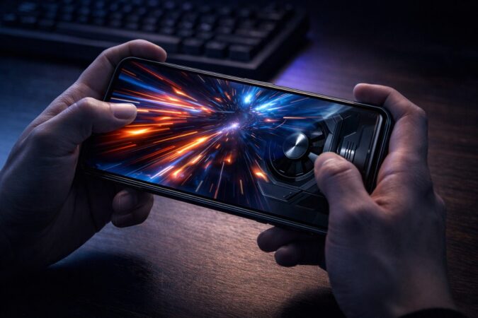 ベンチマーク性能の高さとゲーム向け設計をイメージさせる、文字なしのスマホ性能検証ビジュアル