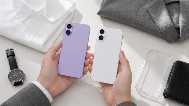 ラベンダーとホワイトのスマホを比較して迷う日本人男性の手元