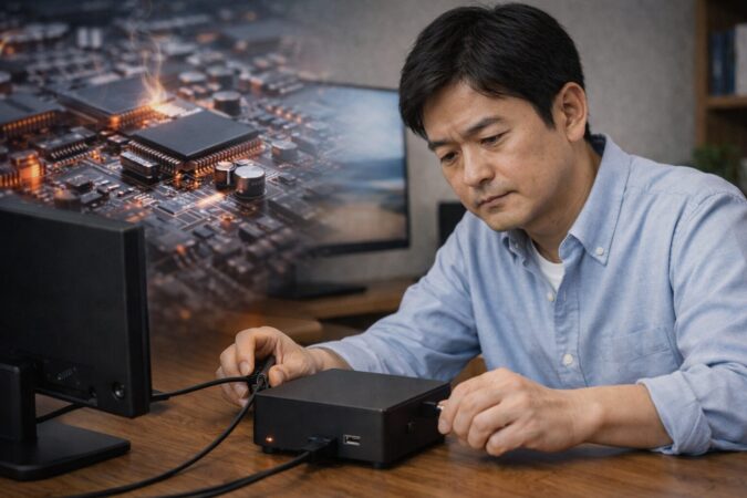 ミニPCのマザーボード故障や起動不良を確認する日本人ユーザーのイメージ