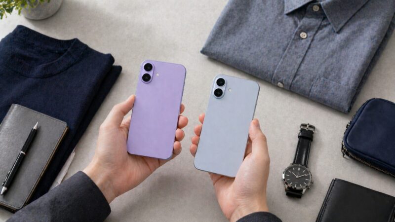 ラベンダーとミストブルーのスマホを男性目線で比較する手元