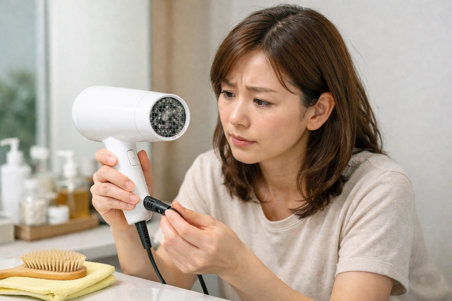 ドライヤーの吸込口やコードを点検して故障のサインを確認する日本人女性
