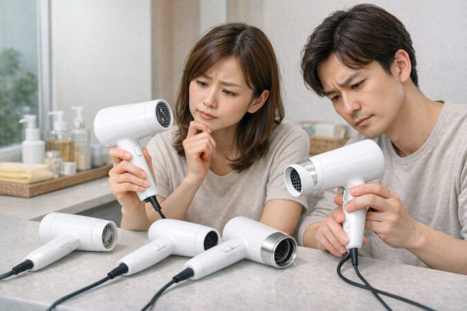 複数のドライヤーを見比べて壊れやすい噂の原因を考える利用者