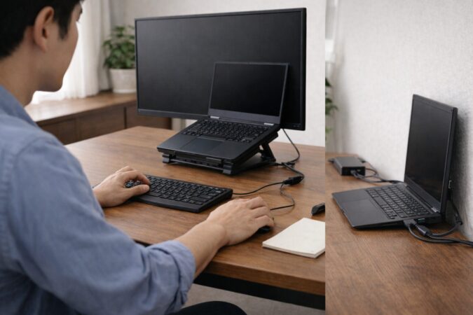 外部モニター接続時の排熱や設置方法を確認できるノートパソコン環境