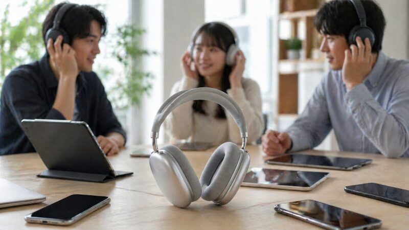 高級ワイヤレスヘッドホンの使用感を複数人でレビューしているイメージ