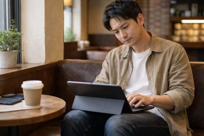 カフェの狭い席で2in1 PCの膝上作業に不便さを感じる日本人ユーザーの写真風イメージ