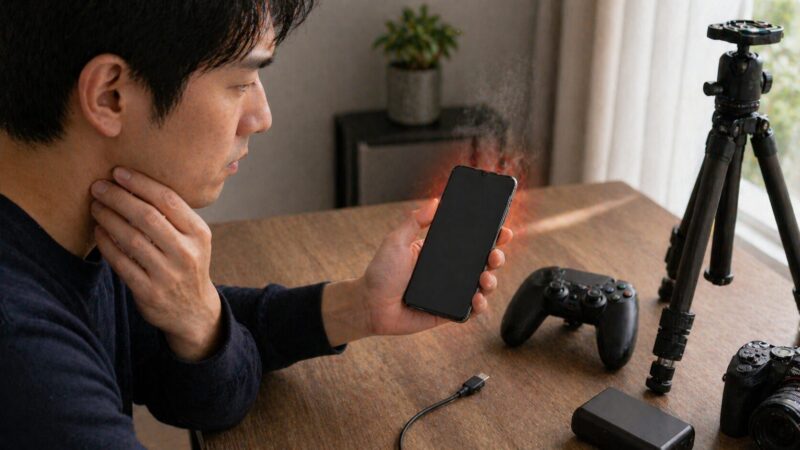 Xperia 1 IVのレビューで多い発熱問題を高負荷利用の場面で表したイメージ