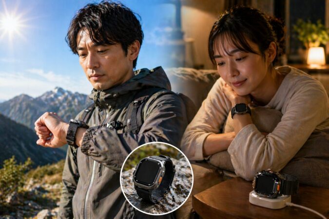 Apple Watch Ultra 3のレビューで高評価になりやすいバッテリー持ちと屋外での見やすさを表したイメージ