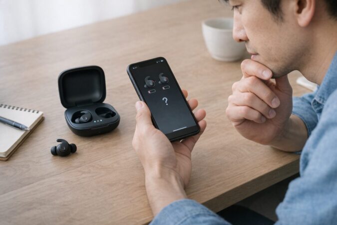 片耳イヤホンと充電ケースを前に、接続や充電の不安を確認する日本人利用者のリアルな使用シーン