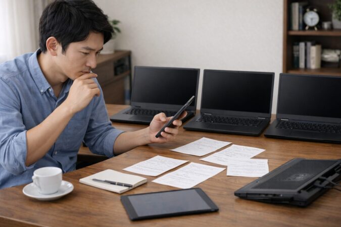 複数のレビュー情報を参考にノートパソコンを比較する日本人ユーザー