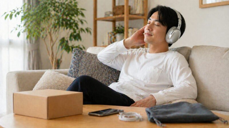 自宅でレンタルした高級ワイヤレスヘッドホンを試している日本人のイメージ