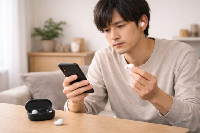 片耳不良や接続トラブルを疑ってイヤホンを確認する利用者