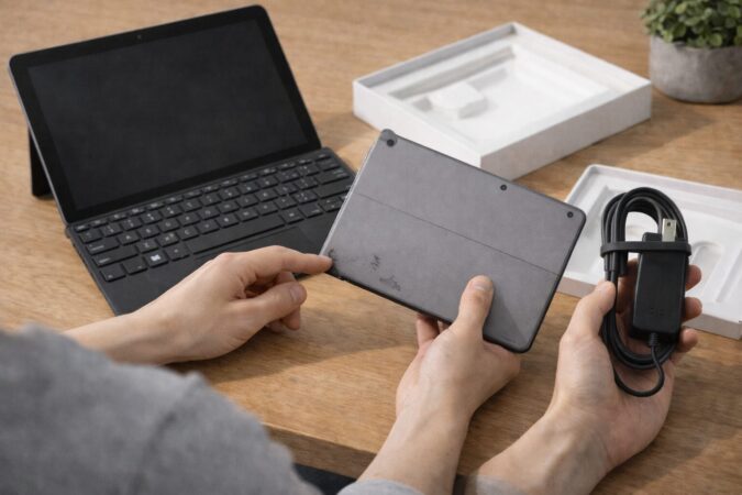 中古の小型2in1PCの状態や付属品を確認しているSurface Go 4の中古購入チェックイメージ