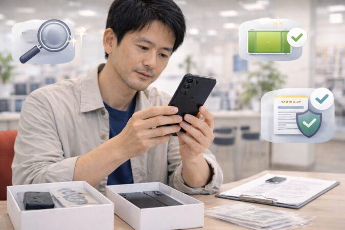 Galaxy S25の中古購入で状態や付属品を慎重に確認するイメージ