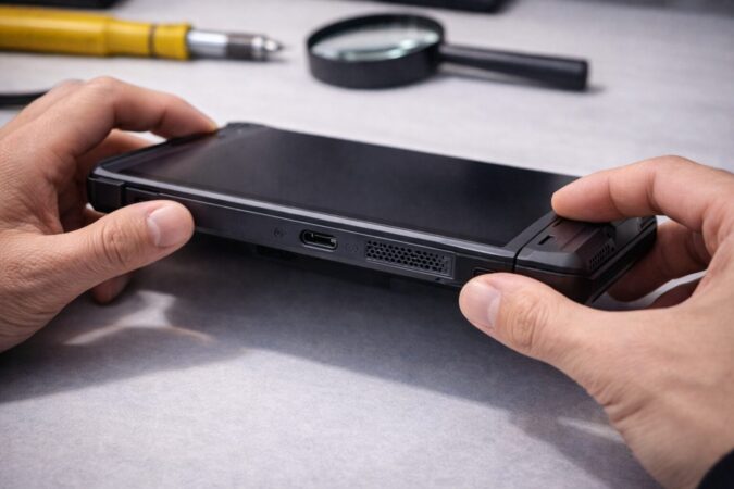 中古の小型ゲーミングタブレットの端子や本体状態を確認するチェックイメージ