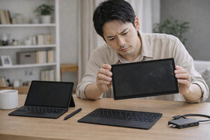 中古のSurface風2in1 PCの付属品や状態を慎重に確認する日本人ユーザーの写真風イメージ