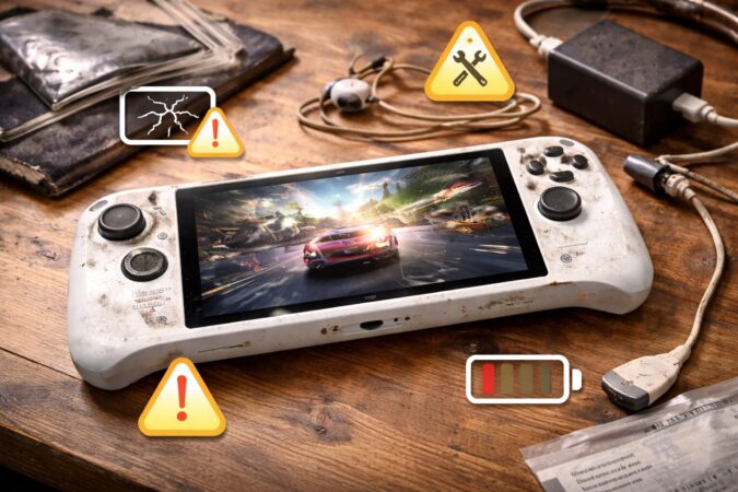 使用感のある携帯ゲーミングPCと周辺機器で中古購入の不安を表したイメージ