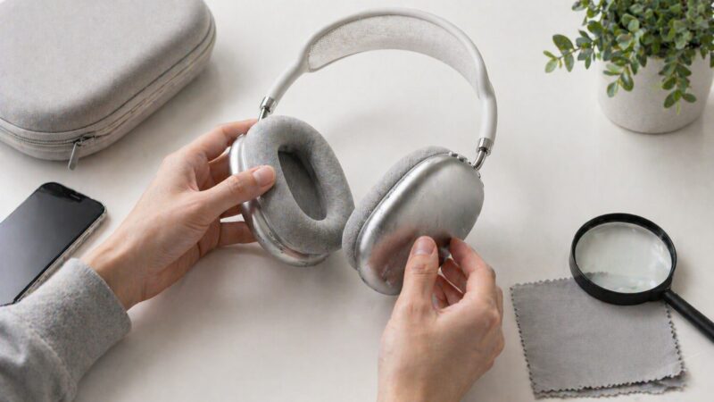中古ワイヤレスヘッドホンの傷やイヤーパッドを確認しているイメージ