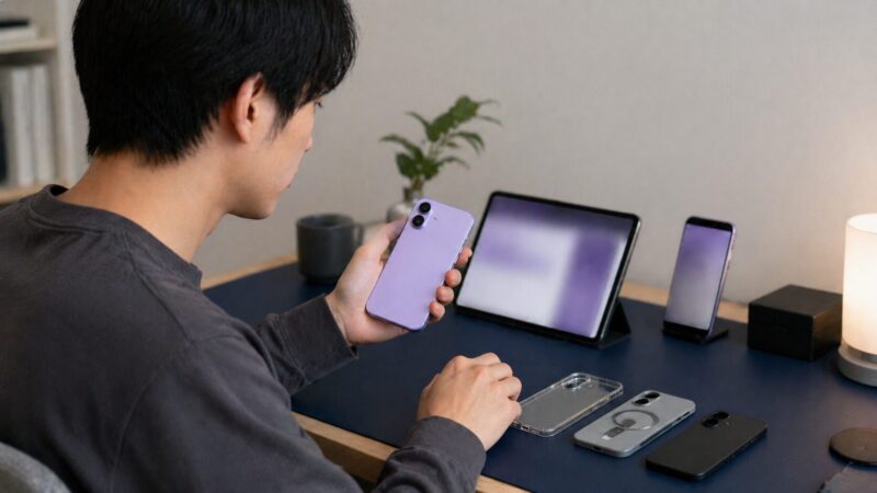 ラベンダースマホの色味とケース相性を確認する日本人男性