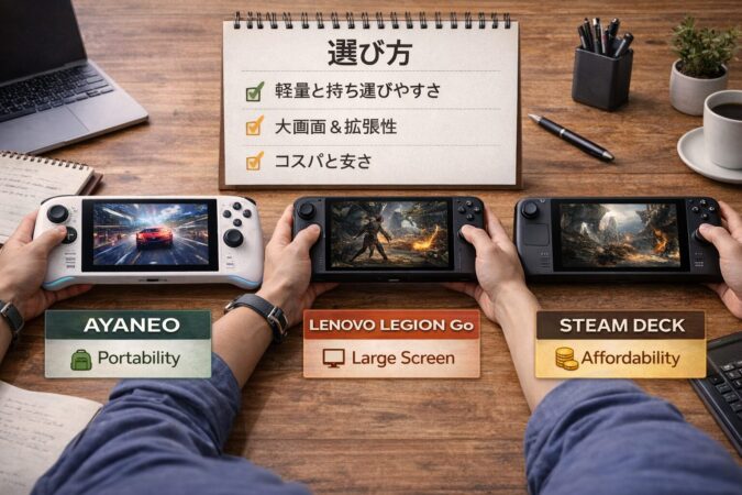 3つの携帯ゲーミングPC候補を用途別に選ぶための比較イメージ