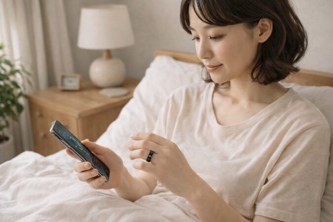 睡眠や回復の確認にスマートリングを使う朝の生活シーン