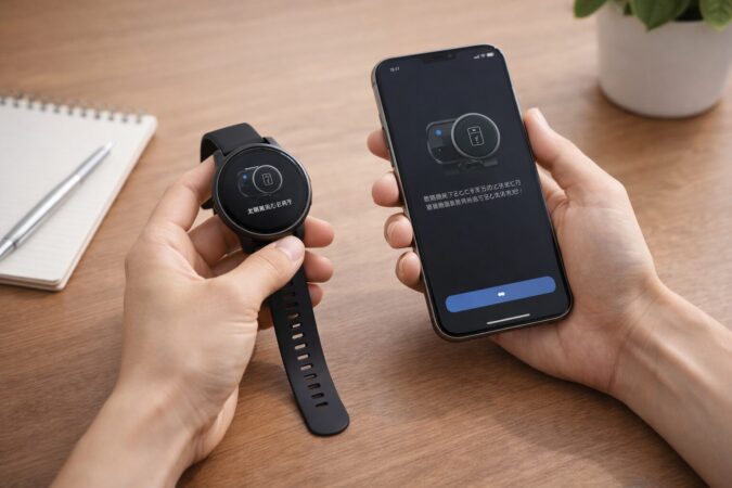 スマートフォンと丸形スマートウォッチを連携して初期設定する手元の様子