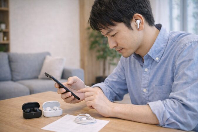 翻訳イヤホンの使い方を自宅で練習する日本人男性