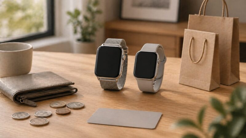 Apple Watchを価格差で比較して選ぶ場面を表したスマートウォッチと財布の画像